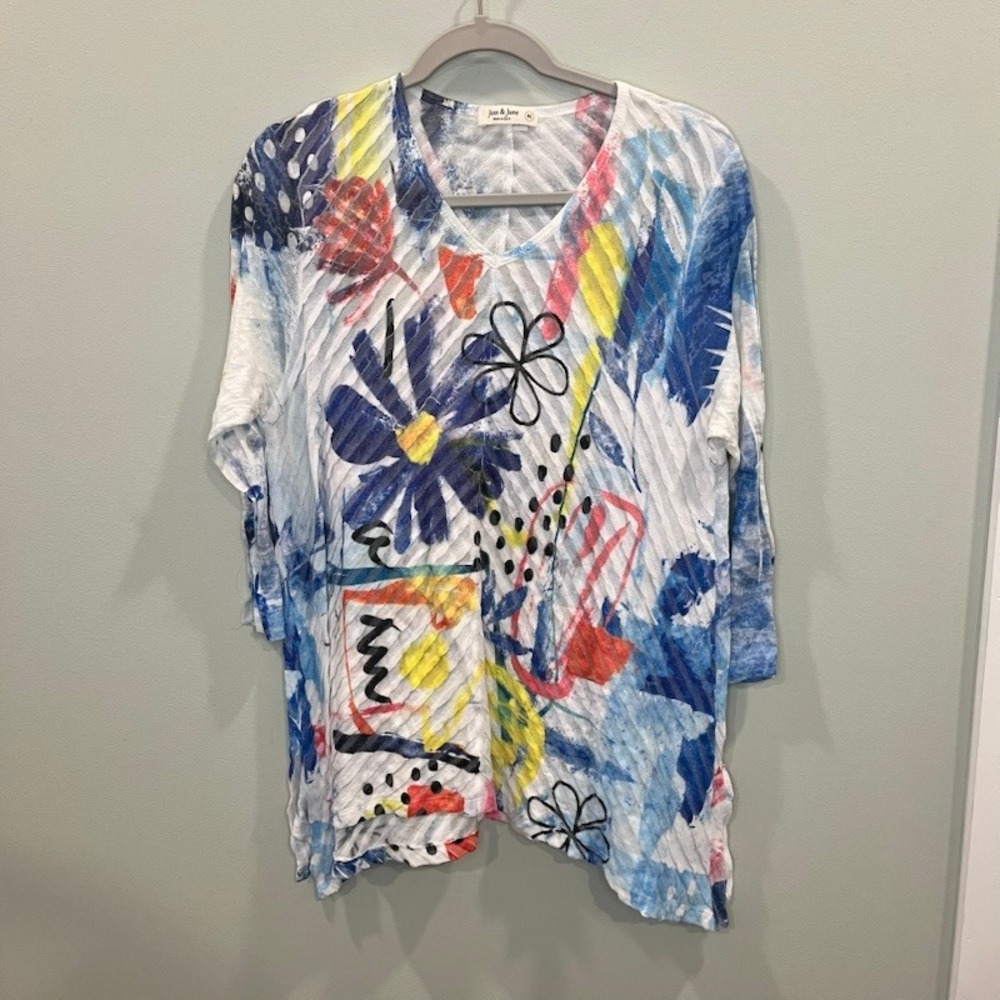 Jess & Jane Abstract Floral Tunic Top XL Blue Art To Wear Asymmetrical Slub